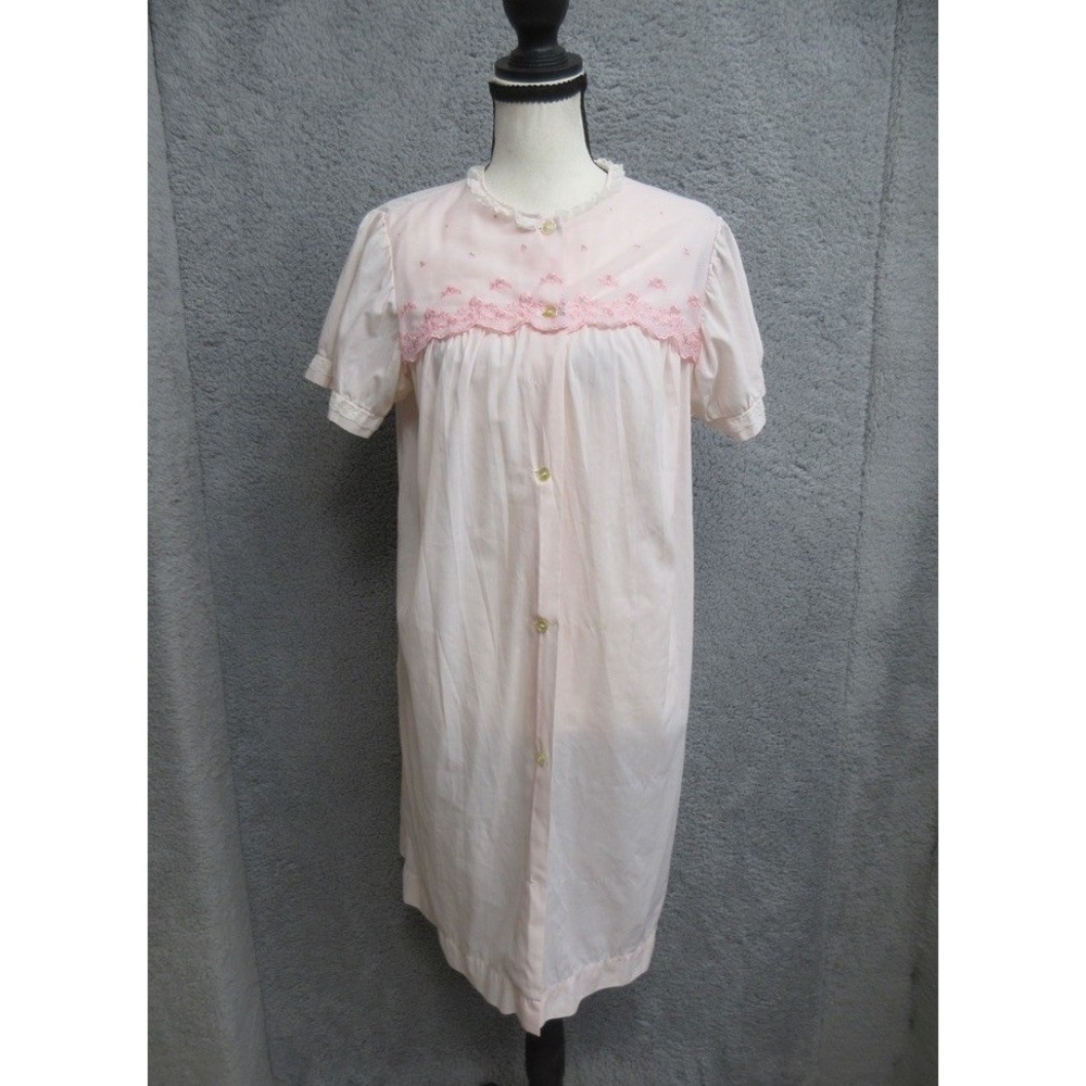 Vtg Komar House Dress Women M Pink Floral Lace Coquette Cottagecore Retro Lounge